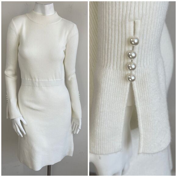 Ann Taylor Dresses & Skirts - Ann Taylor Pearl Button Cuff Ribbed Mock Neck Long Sleeve Sweater Dress - Small